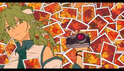 1girl ahoge antenna_hair autumn autumn_leaves bare_shoulders blue_collar blue_necktie bracelet camera collar collared_shirt detached_sleeves frog frog_hair_ornament green_eyes green_hair hair_between_eyes hair_ornament highres holding holding_camera huang_gua japanese_clothes jewelry kochiya_sanae leaf long_hair long_sleeves lying miko necktie nontraditional_miko on_back photo_(object) serious shirt sleeveless snake snake_hair_ornament touhou white_shirt