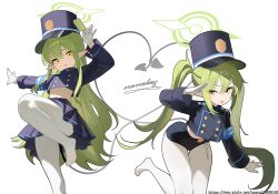 2girls :p absurdres arm_up armband belt blue_archive blue_armband buttons commentary demon_tail feet food gloves green_hair green_halo halo hat heart_tail_duo highres hikari_(blue_archive) ice_cream loli long_hair midriff momobug22 multiple_girls navel nozomi_(blue_archive) orange_eyes pantyhose pantyhose_under_shorts peaked_cap pixiv_id pointy_ears salute shorts siblings signature stomach tail tongue tongue_out twins twintails whistle white_background white_gloves white_pantyhose