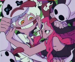 1boy 1girl black_dress braid breasts cloud_hair crazy_smile devil_fruit disgust dress drill_hair eyelashes facial_scar flower gear_fifth green_background hat highres horo_horo_no_mi kanikanipan3740 large_breasts long_hair looking_at_another monkey_d._luffy one_piece open_clothes open_shirt perona restrained scar scar_on_cheek scar_on_chest scar_on_face sideboob smile very_long_hair white_hair