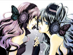 2girls black_gloves black_hairband black_hat blue_eyes blue_hair breasts butterfly_wings closed_eyes colorized commentary_request fingerless_gloves gloves grey_background hairband hakuseki hat hatsune_miku headphones headset insect_wings interlocked_fingers koruneiyu lace_hairband long_hair looking_at_viewer magnet_(vocaloid) medium_breasts megurine_luka multiple_girls open_mouth pink_hair twintails vocaloid wings yuri