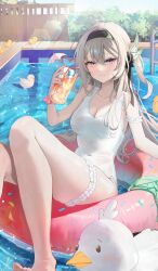 1girl absurdres alternate_costume armlet black_hairband black_ribbon blush breasts bush cleavage closed_mouth crazy_straw cup drinking_straw firefly_(honkai:_star_rail) frilled_armlet frilled_thigh_strap gradient_eyes grey_hair hair_between_eyes hair_intakes hair_ornament hair_ribbon hairband hare_(hare_1730) heart_straw highres holding holding_cup holding_tube honkai:_star_rail honkai_(series) in_water jewelry large_breasts long_hair multicolored_eyes one-piece_swimsuit pool ribbon rubber_duck solo swimsuit thigh_strap tube wet white_one-piece_swimsuit