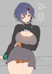 1girl absurdres belle_(zenless_zone_zero) black_shirt blue_hair blush breasts cleavage clothes_lift dress earrings fingerless_gloves gloves green_eyes grey_dress grin hair_between_eyes hair_ornament hairclip highres jewelry large_breasts necklace norman_maggot orange_gloves orange_skirt shirt shirt_lift short_hair single_glove sitting skirt smile solo thighs zenless_zone_zero
