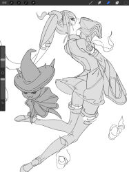 1girl :3 absurdres arm_tattoo art_program_in_frame ass back back_cutout chinese_commentary cloak clothing_cutout commentary_request detached_sleeves foot_out_of_frame gen_4_pokemon ghost_miku_(project_voltage) glitch greyscale hand_up hat hatsune_miku highres knees_together_feet_apart kumatangent legs long_sleeves looking_at_viewer miniskirt mismagius monochrome nintendo no_panties number_tattoo pokemon pokemon_(creature) procreate_(medium) procreate_(software) profile project_voltage see-through_clothes see-through_skirt shirt shoe_soles sideways_glance simple_background skirt sleeveless sleeveless_shirt sleeves_past_fingers sleeves_past_wrists tattoo thighhighs twintails vocaloid white_background will-o&#039;-the-wisp_(mythology) witch_hat zettai_ryouiki