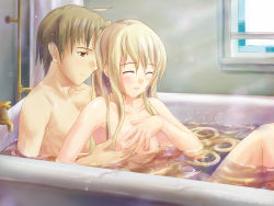 10s 1boy 1girl bath blind blonde_hair breast_touch breasts brown_eyes brown_hair closed_eyes green_hair highres katawa_shoujo long_hair mixed-sex_bathing nude satou_lilly shared_bathing smile wet