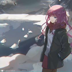1girl bird chromatic_aberration cloud cloudy_sky coat dolphenry hawk heterochromia hololive hololive_english horns irys_(hololive) jacket looking_at_viewer mountain pink_hair pond scarf sky smile snow swan sweater v-neck virtual_youtuber