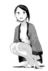 1girl barefoot blush breasts colored_inner_hair feet greyscale gundam gundam_suisei_no_majo highres makio_(makiomeigenbot) monochrome multicolored_hair naked_robe nika_nanaura open_clothes open_mouth open_robe robe simple_background small_breasts solo squatting tiptoes toes webp-to-png_conversion white_background