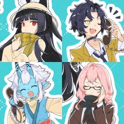 1boy 3girls ^_^ animal_ear_fluff animal_ears asaba_harumasa black_choker black_hair black_necktie blue_oni blue_skin blunt_bangs brown_cardigan brown_jacket c_ixxp cardigan choker closed_eyes closed_mouth collared_shirt colored_skin corded_phone fox_ears fox_girl highres holding holding_phone horns hoshimi_miyabi jacket long_hair multicolored_horns multiple_girls necktie one_eye_closed oni phone pink_hair red_eyes shirt short_hair smile soukaku_(zenless_zone_zero) tsukishiro_yanagi two-tone_horns upper_body white_hair white_shirt yellow_eyes zenless_zone_zero