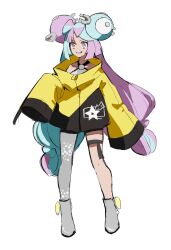 1girl black_jacket blue_hair bow-shaped_hair character_hair_ornament creatures_(company) full_body game_freak grey_footwear grey_pantyhose grin hair_ornament halterneck highres iono_(pokemon) jacket legs_apart light_blue_hair long_hair long_sleeves multicolored_hair multicolored_jacket nintendo oversized_clothes pantyhose pink_eyes pink_hair pokemon pokemon_sv sharp_teeth shichibee_(stm_mimi) simple_background single_leg_pantyhose sleeves_past_fingers sleeves_past_wrists smile solo split-color_hair standing teeth thigh_strap two-tone_hair two-tone_jacket very_long_hair white_background x yellow_jacket