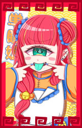 Rule 34 | 1girl, absurdres, apron, aqua eyes, bell, blue nails, blue tongue, blunt bangs, blush, chinese clothes, colored tongue, cyclops, double bun, ear piercing, fangs, hair bell, hair bun, hair ornament, highres, long hair, looking at viewer, nomicha, one-eyed, original, piercing, red hair, seigaiha, solo, tongue, tongue out, upper body, wide sleeves