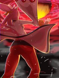Rule 34 | 1girl, 39baka, animal ears, arc system works, ass, attack, blazblue, bracelet, cat ears, cat tail, coat, from behind, hair ribbon, highres, jewelry, kokonoe (blazblue), lab coat, long hair, meteor, panties, pants, pantyshot, pink hair, ponytail, ribbon, solo, tail, underwear, very long hair, wind, wind lift