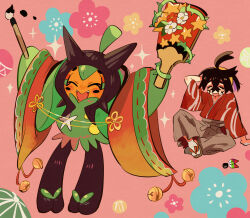 1boy ^_^ assassinookayu bell black_hair blush closed_eyes commentary_request crossed_bangs fangs flower_symbol hagoita hairband hakama hane_(hanetsuki) hanetsuki holding japanese_clothes kieran_(pokemon) kimono male_focus mole mole_on_neck multicolored_hair nintendo ogerpon open_mouth paddle pokemon pokemon_(creature) pokemon_sv purple_hair red_kimono sitting sparkle