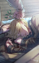 2boys absurdres askeladd black_shirt blonde_hair branch brown_capelet capelet child closed_eyes closed_mouth fur-trimmed_capelet fur_trim grey_shirt highres holding holding_branch lying male_focus multiple_boys on_side shirt shirube_akashi signature sleeping thorfinn upper_body vinland_saga
