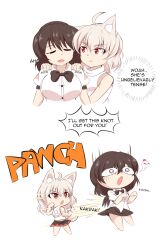 2girls ahoge animal_ear_fluff animal_ears black_hair black_skirt black_wings breasts closed_eyes closed_mouth commentary english_commentary english_text hair_between_eyes highres inubashiri_momiji jungleboyayaya large_breasts massage multiple_girls no_headwear open_mouth punching red_eyes relaxing shameimaru_aya short_hair shoulder_massage simple_background skirt sound_effects speech_bubble spirit tail tengu thought_bubble touhou white_background white_hair wings wolf_ears wolf_girl wolf_tail
