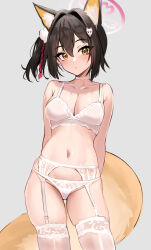 1girl animal_ear_fluff animal_ears arms_behind_back blue_archive bra breasts bridal_lingerie choker cleavage commentary contrapposto extra_ears eyeshadow fox_ears fox_girl fox_hair_ornament fox_tail garter_belt hair_between_eyes hair_intakes hair_ornament halo izuna_(blue_archive) lace lace-trimmed_bra lace-trimmed_legwear lace-trimmed_panties lace_trim lingerie makeup medium_breasts navel panties panties_over_garter_belt pink_eyeshadow pom_pom_(clothes) pom_pom_hair_ornament red_eyeshadow side_ponytail simple_background skindentation solo stomach stone_(ksorede) symbol-only_commentary tail underwear underwear_only white_background white_bra