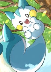 Rule 34 | absurdres, commentary request, day, from below, gen 4 pokemon, highres, katiwari7293, nintendo, no humans, open mouth, outdoors, pachirisu, pokemon, pokemon (creature), pokemon focus, solo, tongue, tree