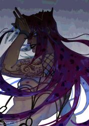 1boy \m/ arm_tattoo black_lips blue_eyes commentary diavolo fishnet_top fishnets highres jojo_no_kimyou_na_bouken long_hair looking_at_viewer looking_back makeup male_focus nipples parted_lips pink_hair rur_el smile solo tattoo teeth topless_male upper_body vento_aureo