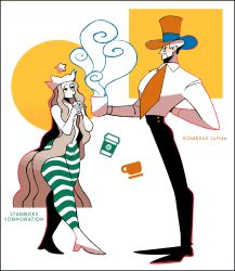 1boy 1girl absurdres arm_behind_back black_border black_pants border brown_hair closed_mouth coffee coffee_mug copyright_name crossover crown cup drinking facial_hair full_body green_eyes hair_over_breasts hat highres humanization ka_ji komeda&#039;s_coffee komeda_ojisan long_hair looking_at_another mascot monocle mug mustache navel necktie pants pencil_as_mustache red_hat red_neckwear simple_background smile standing starbucks starbucks_siren steam striped_legwear top_hat topless_female very_long_hair walking white_background wide_hips