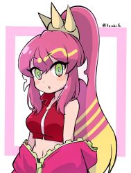 1girl 3zukie bare_shoulders blonde_hair blush_stickers cropped_shirt duel_monster green_eyes high_ponytail highres jacket ki-sikil_(yu-gi-oh!) live_twin_ki-sikil multicolored_hair navel off_shoulder pink_background pink_hair pink_jacket ponytail red_shirt shirt simple_background solo two-tone_hair virtual_youtuber yu-gi-oh!