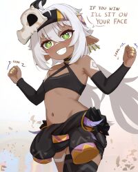 1girl animal_skull bare_shoulders black_thighhighs blush child clenched_hands cowboy_shot criss-cross_halter crop_top dark_skin earrings genshin_impact green_eyes grin halterneck headband highres iansan_(genshin_impact) jewelry loli long_hair midriff mockingeu navel pointy_ears bad_tag shoulder_tattoo smile solo standing stomach tattoo thighhighs very_long_hair white_hair