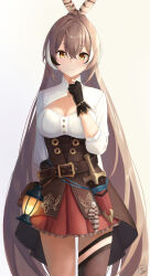 Rule 34 | 1girl, absurdres, ahoge, amano kusatsu, belt, brown corset, brown eyes, brown hair, cleavage cutout, clothing cutout, commentary, corset, cowboy shot, crossed bangs, dagger, feather hair ornament, feathers, hair between eyes, hair ornament, highres, hololive, hololive english, knife, lantern, long hair, looking at viewer, multicolored hair, nanashi mumei, nanashi mumei (1st costume), ponytail, pouch, shirt, single thighhigh, smile, solo, streaked hair, thigh strap, thighhighs, very long hair, virtual youtuber, weapon, white background, white shirt