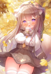 1girl animal_ear_fluff animal_ears autumn autumn_leaves bag between_breasts black_skirt blush breasts brown_bag brown_hair brown_hat commentary_request cowboy_shot cup dated day disposable_coffee_cup disposable_cup fox_ears fox_girl fox_tail glasses gluteal_fold hair_ornament hairclip handbag hat high-waist_skirt highres holding holding_cup large_breasts leaf long_sleeves looking_at_viewer nail_polish necktie necktie_between_breasts omochi_monaka open_mouth original outdoors pleated_skirt purple_eyes purple_nails shirt signature skirt sleeves_past_wrists smile solo standing tail thigh_gap thighhighs twitter_username white_shirt white_thighhighs yellow-framed_eyewear yellow_necktie