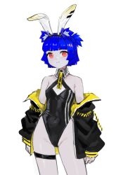 1girl absurdres animal_ear_fluff animal_ear_hairband animal_ears armband armpit_crease arms_at_sides bare_shoulders bear_ears bear_girl black_coat black_hairband black_leotard black_stripes blue_hair blunt_bangs blunt_ends blunt_sidelocks bob_cut breasts caution_tape cleavage_cutout clothes_writing clothing_cutout coat collarbone collared_coat commentary contrapposto cowboy_shot criss-cross_halter detached_collar diamond_cutout dot_nose dress english_commentary english_text eyebrows_hidden_by_hair fake_animal_ears folded_ear furrowed_brow go!_go!_gris! grey_stripes grin gris_(go!_go!_gris!) groin hairband half_updo halter_leotard halterneck highleg highleg_leotard highres leotard light_blush long_eyelashes long_sleeves looking_at_viewer necktie off-shoulder_dress off_shoulder open_clothes open_coat original parted_lips pink_eyes playboy_bunny ponytail print_necktie puffy_long_sleeves puffy_sleeves rabbit_ear_hairband rabbit_ears raised_eyebrow red_eyes see-through_clothes short_hair short_necktie short_ponytail sidelocks simple_background sketch small_breasts smile smirk solo standing striped_clothes teeth thick_eyelashes thigh_strap thighs two-sided_coat two-sided_fabric vertical-striped_clothes vertigris white_background white_stripes yellow_coat yellow_necktie yellow_sleeve_cuffs yellow_stripes