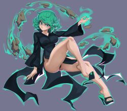 1girl aura black_dress black_panties breasts curly_hair dress feet floating green_eyes green_hair green_nails grey_background high_heels image_sample large_breasts levitation looking_at_viewer nail_polish nezo non-web_source one-punch_man panties pantyshot short_hair side_slit simple_background solo tatsumaki telekinesis toenail_polish toenails underwear