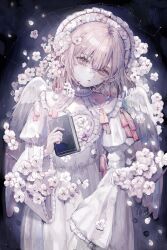 1girl absurdres bonnet book cherry_blossoms closed_mouth collared_dress commentary_request constellation cowboy_shot crescent dress feathered_wings flower hair_flower hair_ornament highres holding holding_book isshiki_shime juliet_sleeves long_sleeves looking_at_viewer original pale_skin petals pink_eyes pink_hair pink_ribbon puffy_sleeves ribbon short_hair solo standing star_(sky) white_dress white_wings wide_sleeves wings