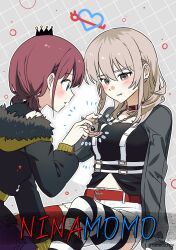 2girls absurdres black_jacket black_shirt black_thighhighs blush choker commentary_request crown earclip girls_band_cry grey_background grey_eyes grey_hair habsida_(habsida_hpy) highres iseri_nina jacket jewelry kawaragi_momoka key key_necklace korean_commentary lock_necklace long_sleeves mini_crown multicolored_hair multiple_girls necklace parted_lips red_choker red_hair red_thighhighs roots_(hair) shirt short_twintails skirt striped_clothes striped_thighhighs sweatdrop thighhighs twintails white_skirt white_thighhighs yuri
