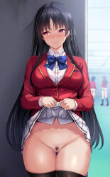 3girls advanced_nurturing_high_school_uniform averting_eyes black_hair black_thighhighs blue_bow blue_bowtie blush bow bowtie censored clothes_lift daiaru female_pubic_hair flashing highres horikita_suzune jacket lifting_own_clothes long_hair miniskirt mosaic_censoring multiple_girls outdoors pleated_skirt pubic_hair public_indecency pussy pussy_juice raised_eyebrows red_eyes red_jacket school_uniform shirt skirt skirt_lift solo_focus thighhighs very_long_hair white_shirt white_skirt youkoso_jitsuryoku_shijou_shugi_no_kyoushitsu_e