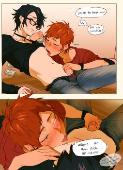 2boys absurdres belt black-framed_eyewear black_belt black_choker black_hair black_nails black_pants blush choker english_text fushimi_saruhiko glasses handjob highres k-project licking long_sleeves male_focus male_underwear male_underwear_peek multiple_boys nail_polish navel orange_hair pants penis red_shirt shirt short_hair skinny tongue tongue_out treslech3s underwear watch wristwatch yaoi yata_misaki