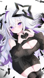 1girl amane_konata angel angel_wings black_bow black_nails black_sweater black_thighhighs blush bow breasts cable_knit cleavage cleavage_cutout closed_mouth clothing_cutout diamond_hair_ornament feathers grey_hair hair_bow halo highres hololive large_breasts long_hair looking_at_viewer meme_attire multicolored_hair nail_polish purple_eyes purple_hair smile solo star_halo streaked_hair sweater syafu_00 thighhighs turtleneck turtleneck_sweater very_long_hair virgin_killer_sweater virtual_youtuber wings