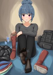 Rule 34 | 1girl, absurdres, backpack, bag, blush, boots, feet, foot focus, hair bun, highres, kilokhilioi, long hair, looking at viewer, parted lips, purple eyes, see-through clothes, see-through legwear, shima rin, shoes, smell, soles, steam, toes, unworn boots, unworn shoes, yurucamp