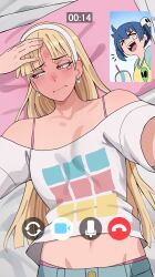 &gt;_&lt; 2girls :d arm_up bed_sheet blonde_hair blue_hair blue_pants blush breasts claire_volikova closed_mouth cup disposable_cup drinking_straw full-face_blush groin hair_ornament highres ji-yoon_(jourd4n) jourd4n long_hair looking_to_the_side lying medium_breasts multiple_girls navel notice_lines off-shoulder_shirt off_shoulder on_back open_mouth original panties pants pillow pink_eyes pink_panties raglan_sleeves reaching reaching_towards_viewer shirt skull_hair_ornament smile tears twintails underwear very_long_hair video_call wavy_mouth white_shirt xd yellow_shirt