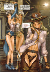 3girls bdsm blonde_hair bondage boots bound breasts cowboy_boots cowboy_hat covered_erect_nipples gun hat highres juliona_trans juriona_trans large_breasts long_hair medium_breasts multiple_girls navel nipple_slip nipples open_mouth shirou_masamune weapon cowboy_western wild_wet_west