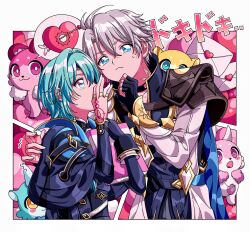2boys anaxa_(honkai:_star_rail) antenna_hair aqua_hair black_gloves black_jacket blue_eyes chimera_(honkai:_star_rail) closed_mouth coat creature fingerless_gloves gloves grey_hair hands_up highres honkai:_star_rail honkai_(series) jacket male_focus medium_hair multicolored_eyes multiple_boys neck_tattoo phainon_(honkai:_star_rail) pink_eyes red_tattoo secretmirage short_hair sweatdrop tattoo two-tone_eyes upper_body white_coat