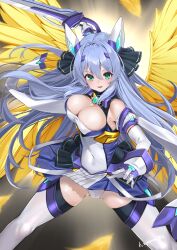 1girl :d angel_wings ayamo_kaoru bare_shoulders black_ribbon blue_hair blue_skirt blush breasts cameltoe cleavage cleavage_cutout clothing_cutout covered_navel detached_sleeves dress elbow_gloves exs-tia exs-tia_(kouyoku_senki_exs-tia_3) feathered_wings feathers fighting_stance floating_hair gloves green_eyes hair_between_eyes hair_intakes hair_ornament hair_ribbon headgear highres holding holding_sword holding_weapon katsuragi_marina kouyoku_senki_exs-tia large_breasts legs_apart long_hair looking_at_viewer miniskirt multicolored_dress open_mouth panties pantyshot pleated_skirt puffy_sleeves ribbon short_dress sidelocks skindentation skirt sleeveless smile solo standing sword thighhighs thighs two-tone_dress underwear v-shaped_eyebrows very_long_hair weapon white_gloves white_panties white_thighhighs wind wind_lift wings yellow_wings