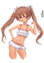 1girl bikini bikini_skirt brown_eyes brown_hair cropped_legs dark-skinned_female dark_skin fang frilled_bikini frilled_tankini frills highres kantai_collection libeccio_(kancolle) libeccio_(swimsuit)_(kancolle) lilshigu long_hair official_alternate_costume one_eye_closed simple_background smile solo standing swimsuit twintails twitter_username v-shaped_eyebrows white_background white_bikini