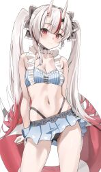 :3 absurdres bandaged_horn bikini blue_bikini breasts collar collarbone cow cowboy_shot frilled_collar frilled_skirt frills gluteal_fold gradient_hair hair_between_eyes highres hololive horns innertube long_hair midriff multicolored_hair nakiri_ayame nakiri_ayame_(hololive_summer_2019) navel red_eyes red_hair scarlet_(wv0102) skin-covered_horns skirt small_breasts swim_ring swimsuit thighhighs twintails virtual_youtuber white_hair