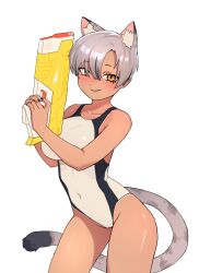 1girl animal_ear_fluff animal_ears bare_shoulders black_hair black_nails black_one-piece_swimsuit black_streaks black_tail blush borrowed_character breasts cat_ears cat_girl cat_tail collarbone commentary contrapposto covered_navel cowboy_shot curled_tail curtained_hair dark-skinned_female dark_skin dot_nose english_commentary extra_ears eyebrows_hidden_by_hair finger_on_trigger fingernails go!_go!_gris! grey_hair grey_tail grin groin hair_over_one_eye half-closed_eyes hands_up head_tilt highleg highleg_one-piece_swimsuit highres holding_toy_gun impossible_clothes impossible_swimsuit kara_(go!_go!_gris!) large_breasts leaning_forward legs_apart looking_at_viewer looking_to_the_side mehcember multicolored_hair narrowed_eyes nerf_gun one-piece_swimsuit one-piece_tan original own_hands_together parted_bangs parted_lips raised_eyebrows short_hair sidelocks simple_background slit_pupils smile solo spotted_tail streaked_hair swimsuit tail tan tanline tanline_peek teeth thighs tsurime two-tone_hair two-tone_one-piece_swimsuit two-tone_tail white_background white_one-piece_swimsuit yellow_eyes