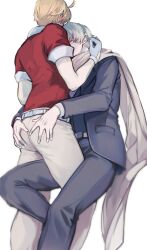 2boys ahoge america_(hetalia) axis_powers_hetalia back belt black_jacket black_pants black_vest blonde_hair blush closed_eyes commentary_request fingernails formal_clothes gloves grabbing_another&#039;s_ass grey_hair groping highres jacket lapels long_sleeves male_focus multiple_boys open_clothes open_jacket pants puffy_short_sleeves puffy_sleeves red_shirt russia_(hetalia) sama_8_sm scarf shirt short_hair short_sleeves simple_background sitting standing suit suit_jacket t-shirt vest white_background white_belt white_gloves white_pants white_scarf white_shirt yaoi