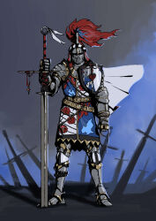 Rule 34 | armor, breastplate, couter, cuirass, cuisses, elizabeth rose bloodflame, faulds, feaurievladskov, full armor, gauntlets, greaves, helmet, highres, hololive, hololive english, knight, pauldrons, plate armor, plume, rosarian (elizabeth rose bloodflame), shoulder armor, solo, standing, sword, virtual youtuber, weapon, weighing scale, zweihander