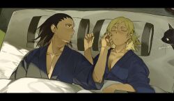 1boy 1girl animal artist_name bed black_cat black_hair blanket blonde_hair breasts cat cleavage closed_eyes closed_mouth collarbone couple hair_between_eyes hair_down hand_on_another&#039;s_cheek hand_on_another&#039;s_face hand_up highres indoors japanese_clothes korean_commentary large_breasts looking_to_the_side lying messy_hair nara_shikamaru naruto_(series) naruto_shippuuden on_back on_bed parted_lips pectoral_cleavage pectorals pillow robe shade short_hair short_sleeves sleeping slice_of_life temari_(naruto) twitter_username unico_cats2 wide_sleeves