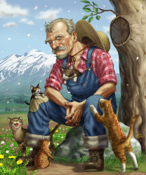 1boy beard cat day facial_hair farmer male_focus matataku mountain mustache old old_man original signature sitting sky tree