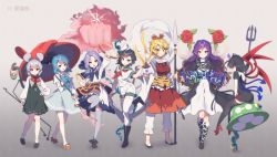 1boy 6+girls animal_ears animal_print ass back_cutout basket bishamonten&#039;s_pagoda bishamonten&#039;s_spear black_footwear black_hair boots breasts censored clothing_cutout commentary dowsing_rod dress flower geta gradient_hair hajin hat hijiri_byakuren hood hood_down houjuu_nue juliet_sleeves knee_boots kumoi_ichirin large_breasts long_hair long_sleeves medium_hair mosaic_censoring mouse_(animal) mouse_ears mouse_tail multicolored_hair multiple_girls murasa_minamitsu nazrin polearm puffy_sleeves punching red_eyes red_footwear rose sailor_collar sailor_hat sailor_shirt seductive_smile shirt short_dress short_hair shorts sitting sitting_on_object smile socks spear standing standing_on_one_leg tail tatara_kogasa thighhighs tiger_print tongue toramaru_shou touhou trident tunic ufo umbrella undefined_fantastic_object unzan very_long_hair weapon zettai_ryouiki
