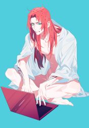 1boy aqua_background aqua_eyes arm_tattoo clenched_teeth computer diavolo full_body grimace highres hymkky3 indian_style jojo_no_kimyou_na_bouken laptop long_hair male_focus naked_shirt pink_hair polka_dot shirt simple_background sitting solo spotted_hair sweat tattoo teeth typing vento_aureo