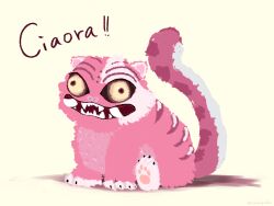 animalization baby_animal black_sclera cat colored_sclera fangs highres hololive hololive_english kitten pink_fur raora_panthera shadow sharp_teeth sitting solo teeth virtual_quokka virtual_youtuber yellow_background yellow_eyes
