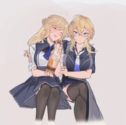 2girls ahoge alcohol arm_on_another&#039;s_shoulder blonde_hair blue_dress blue_eyes blue_necktie blue_skirt bottle braid closed_eyes collared_shirt cropped_legs crossed_bangs crossed_legs double-parted_bangs dress drunk hair_between_eyes hair_bun hair_ornament hairclip high-waist_skirt highres holding holding_bottle invisible_chair kabe_(inunufuwafuwa) kantai_collection light_blush medium_hair multiple_girls necktie open_mouth parted_bangs parted_lips pencil_skirt ranger_(kancolle) shirt side_braid sidelocks single_hair_bun sitting skirt squeans thighhighs tuscaloosa_(kancolle) white_necktie worried