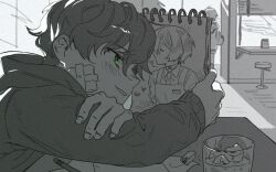 Rule 34 | 1boy, bandage on cheek, bandage on face, bandages, blush, cup, cyan rwk, degrees of lewdity, drinking glass, green eyes, greyscale, highres, holding, holding notebook, hood, hoodie, indoors, kylar (degrees of lewdity), kylar (male) (degrees of lewdity), monochrome, notebook, short hair, shot glass, solo, spot color