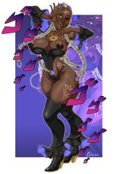 1girl ass bodypaint braid braided_ponytail breasts breasts_out cleavage collar comicolin curvy dark-skinned_female dark_skin dolores_(kof) dress female_focus glasses gold green_eyes heel_up huge_ass huge_breasts jewelry jiggle large_breasts leather long_hair looking_at_viewer multicolored_hair necklace nipples one_eye_closed panties purple_hair round_eyewear standing the_king_of_fighters thick_lips thick_thighs thighs two-tone_hair underwear undressing white_hair wide_hips wink
